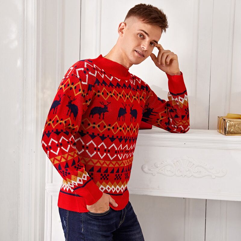 

Guys Christmas Pattern Crew Neck Sweater, Red