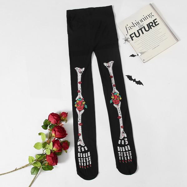 

Plus Halloween Skeleton & Floral Print Tights, Black