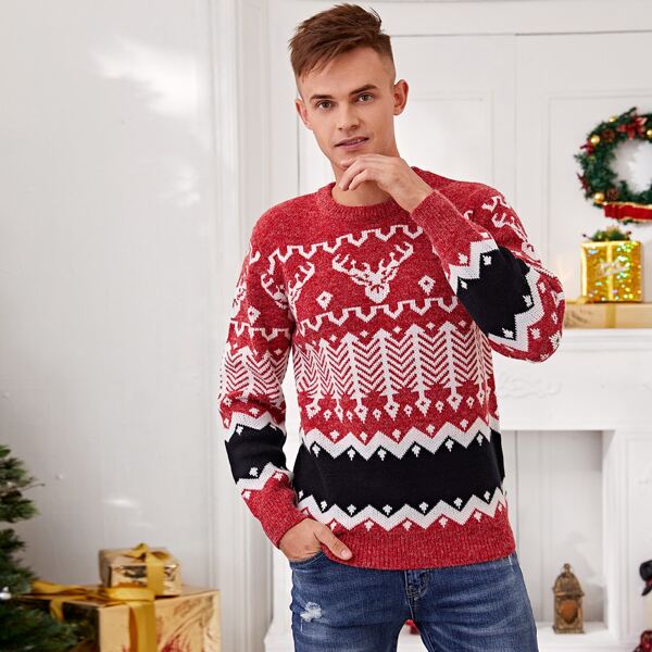 

Men Christmas Pattern Crew Neck Sweater, Multicolor