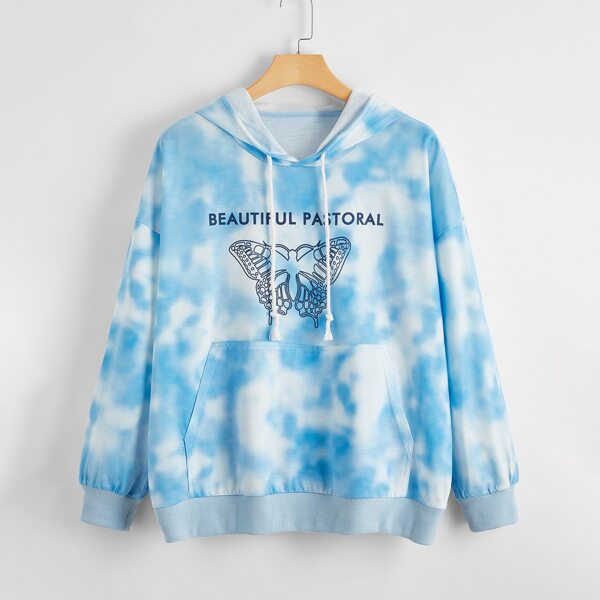 

Plus Butterfly Print Tie Dye Drawstring Hoodie, Blue and white
