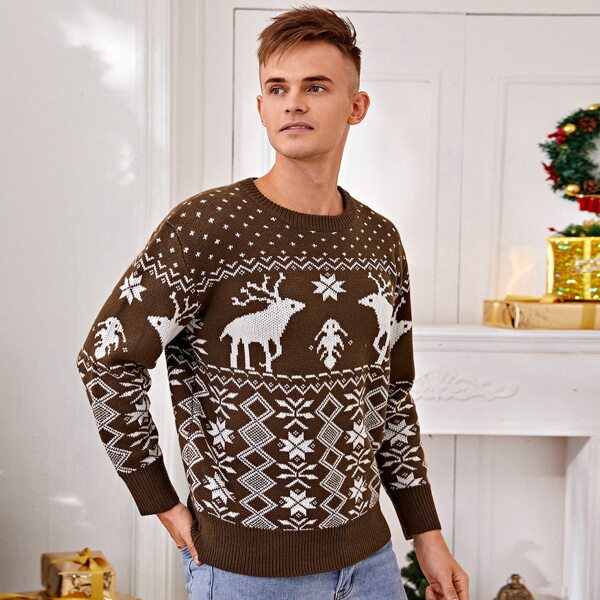 

Men Christmas Pattern Round Neck Sweater, Chocolate brown
