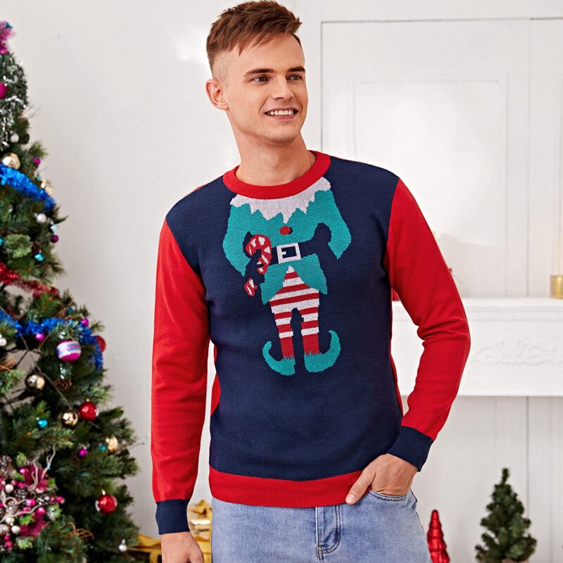 

Guys Christmas Pattern Ribbed Knit Trim Sweater, Multicolor