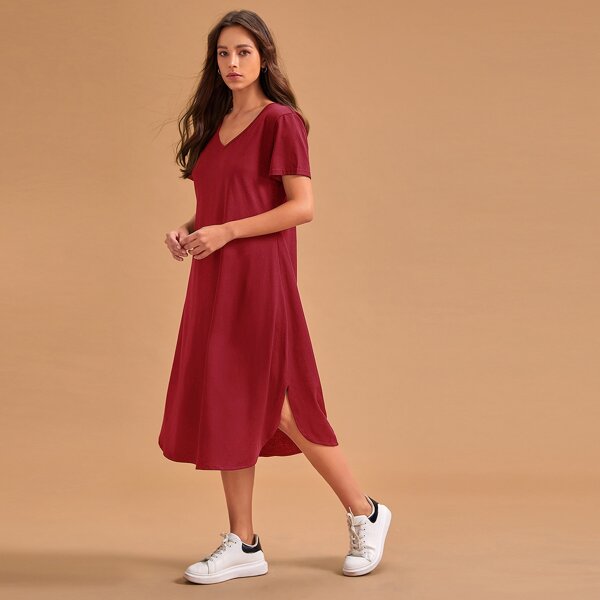 

V-neck Split Side Lounge Dress, Burgundy