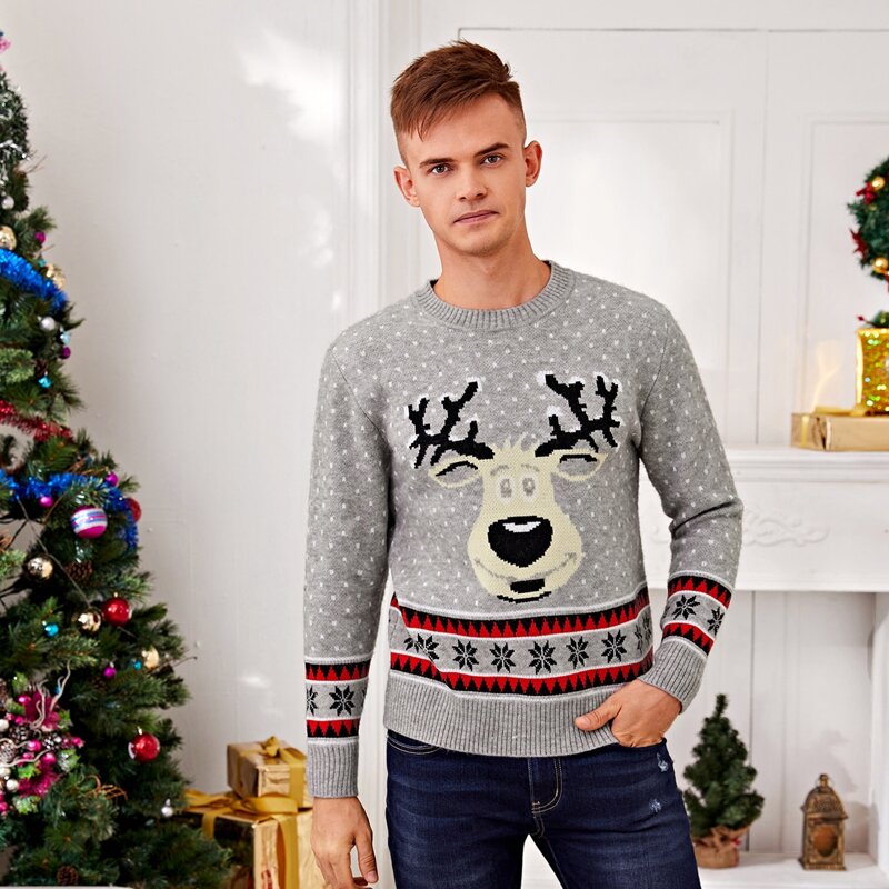

Guys Christmas Reindeer Graphic Sweater, Grey