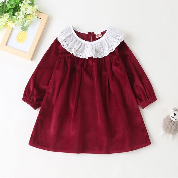 

Baby Girl Eyelet Embroidery Ruffle Velvet Smock Dress, Burgundy
