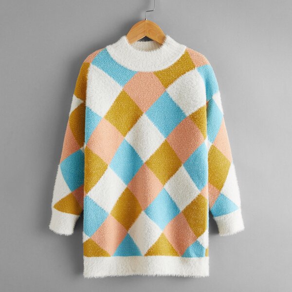 

Girls Argyle Pattern Drop Shoulder Sweaters Dress, Multicolor