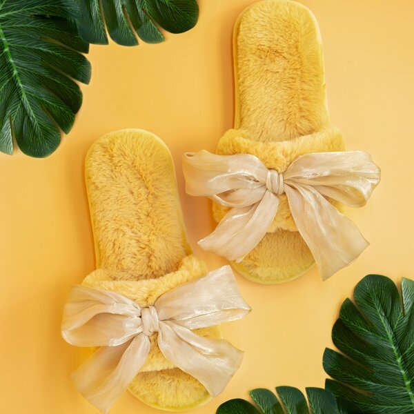 

Bow Decor Wide Fit Fluffy Slippers, Yellow