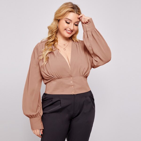 

Plus Plunging Neck Bishop Sleeve Blouse, Apricot