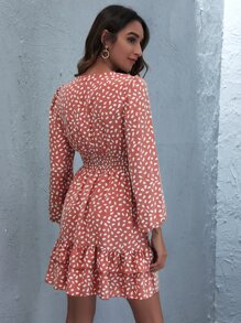 SHEIN LUNE 滿版圖案荷葉邊下擺a線連衣裙 - 藕粉色 - 查看 2