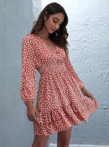 SHEIN LUNE 滿版圖案荷葉邊下擺a線連衣裙 - 藕粉色 - 查看 5