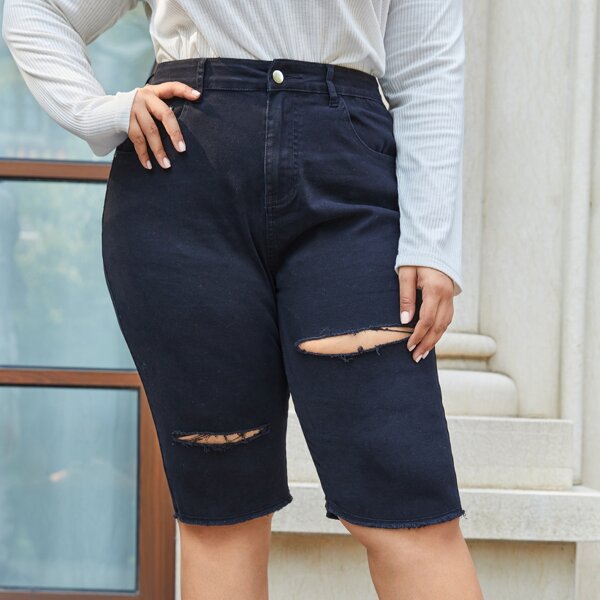 

Plus Ripped Detail Denim Bermuda Shorts, Black