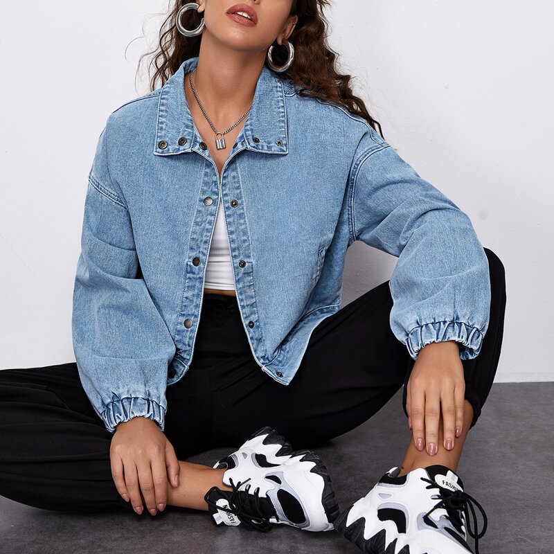 

Drop Shoulder Button Up Denim Jacket, Light wash