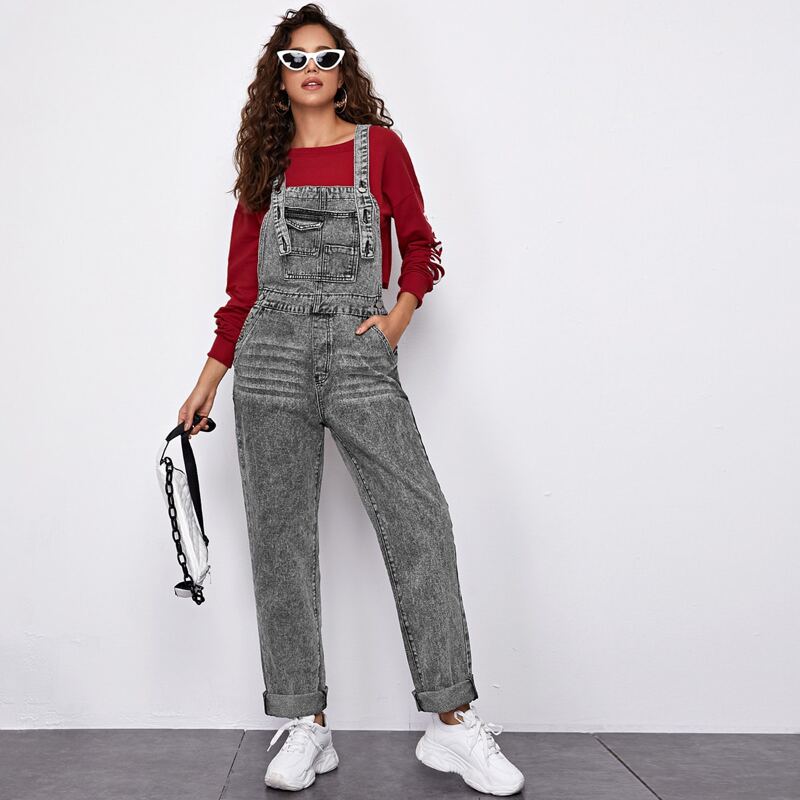 

Dark Wash Pocket Front Overalls With Adjustable Strap, Grey
