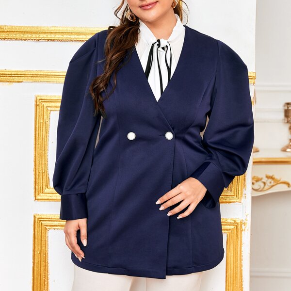

Plus Double Button Puff Sleeve Blazer, Navy blue