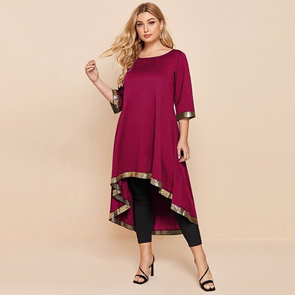 

Plus Contrast Sequin High Low Longline Tee, Maroon