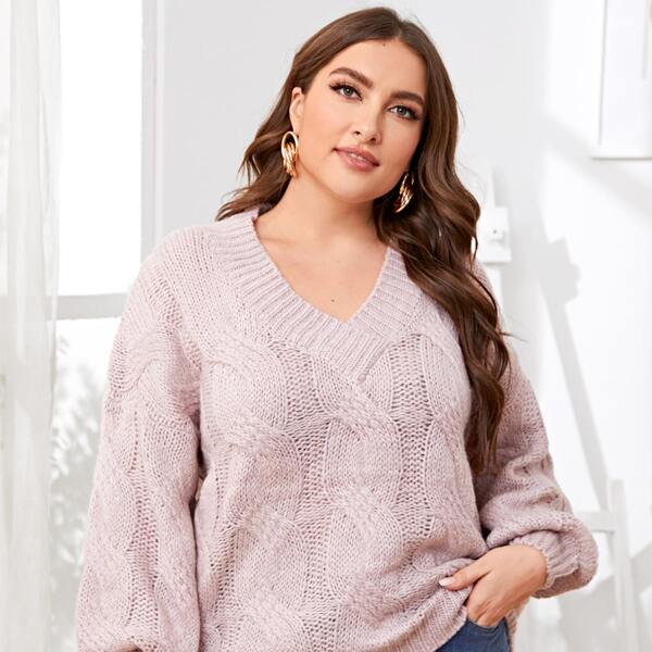 

Plus Drop Shoulder Cable Knit Sweater, Pastel baby pink
