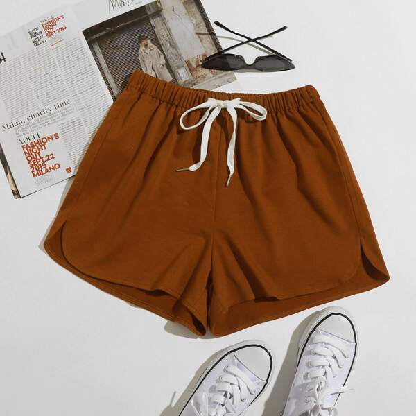 

Solid Drawstring Waist Track Shorts, Rust brown