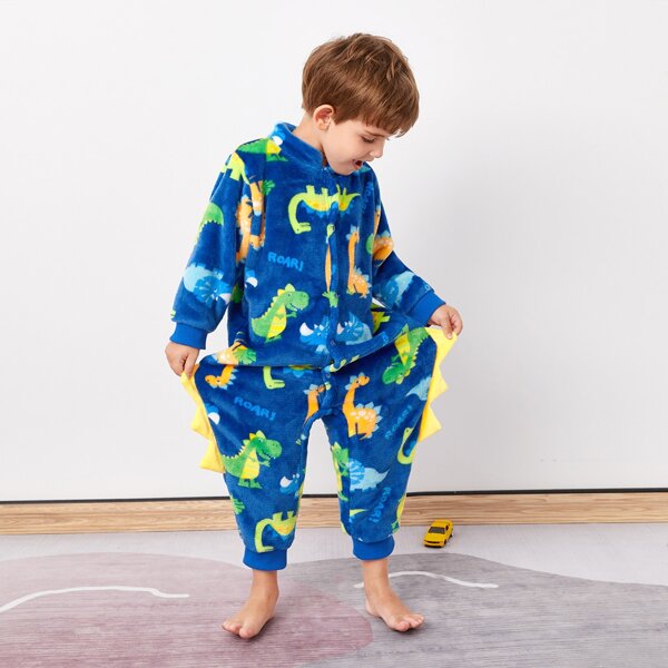 

Toddler Boys Letter & Dinosaur Print 3D Patched Flannel Jumpsuit, Blue