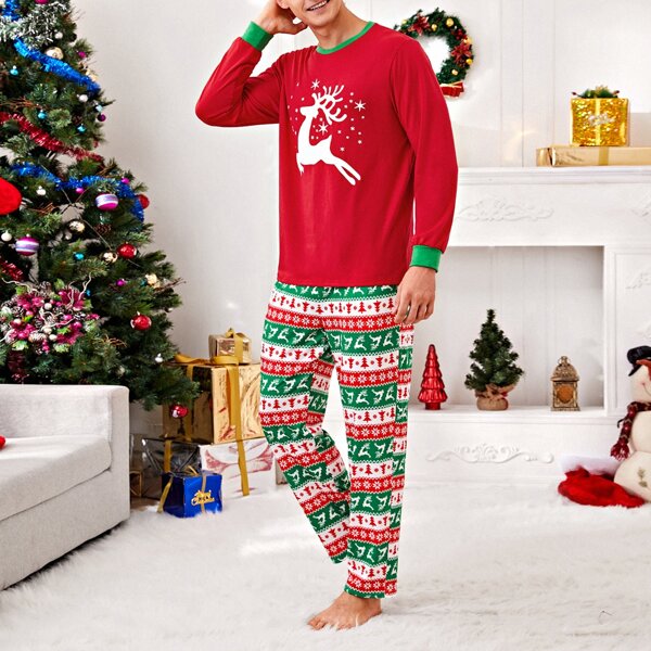

Men Christmas Print Contrast Binding PJ Set, Multicolor
