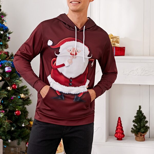

Men Christmas Print Drawstring Hoodie, Maroon