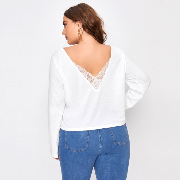 

Plus Lace Trim Low Back Tee, White