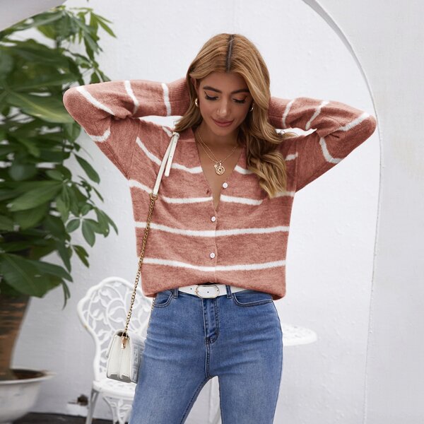 

Button Front Drop Shoulder Striped Cardigan, Redwood