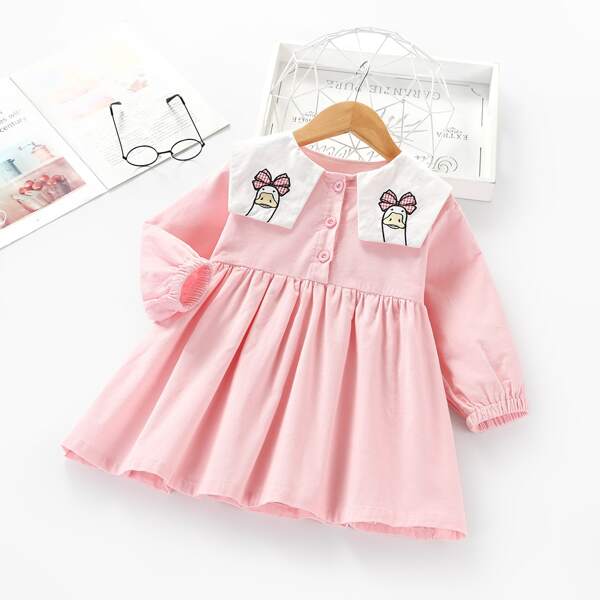 

Toddler Girls Cartoon Embroidery Babydoll Dress, Baby pink