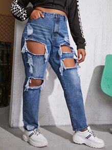 Plus High Rise Ripped Jeans - Medium Wash - View 1