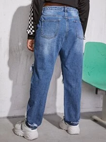 Plus High Rise Ripped Jeans - Medium Wash - View 2