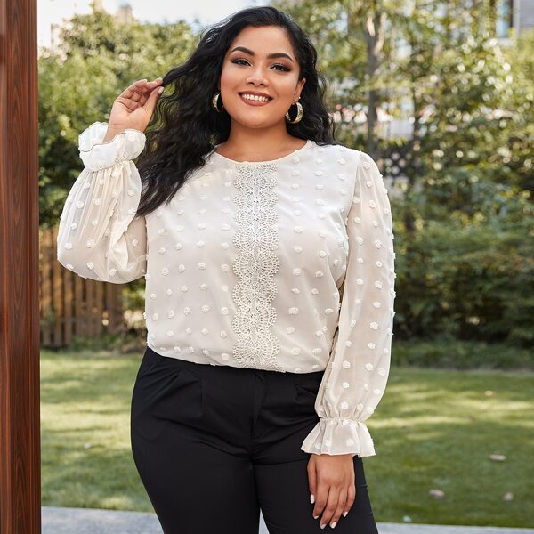 

Plus Guipure Lace Front Swiss Dot Top, Beige