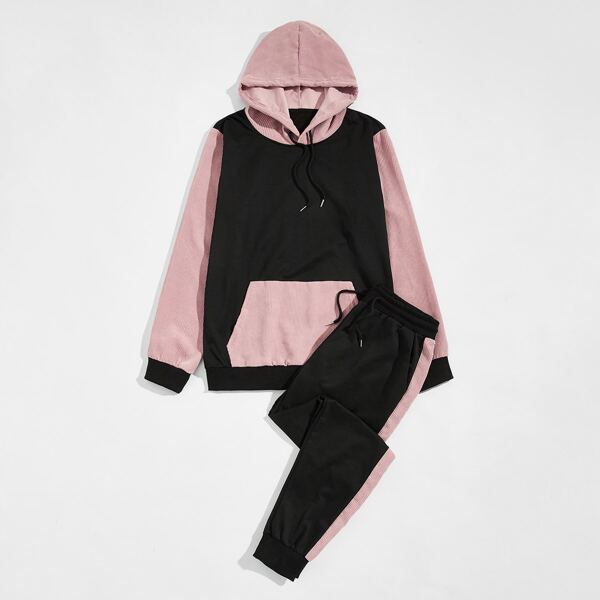 

Men Colorblock Drawstring Pocket Corduroy Hoodie & Panel Sweatpants, Black