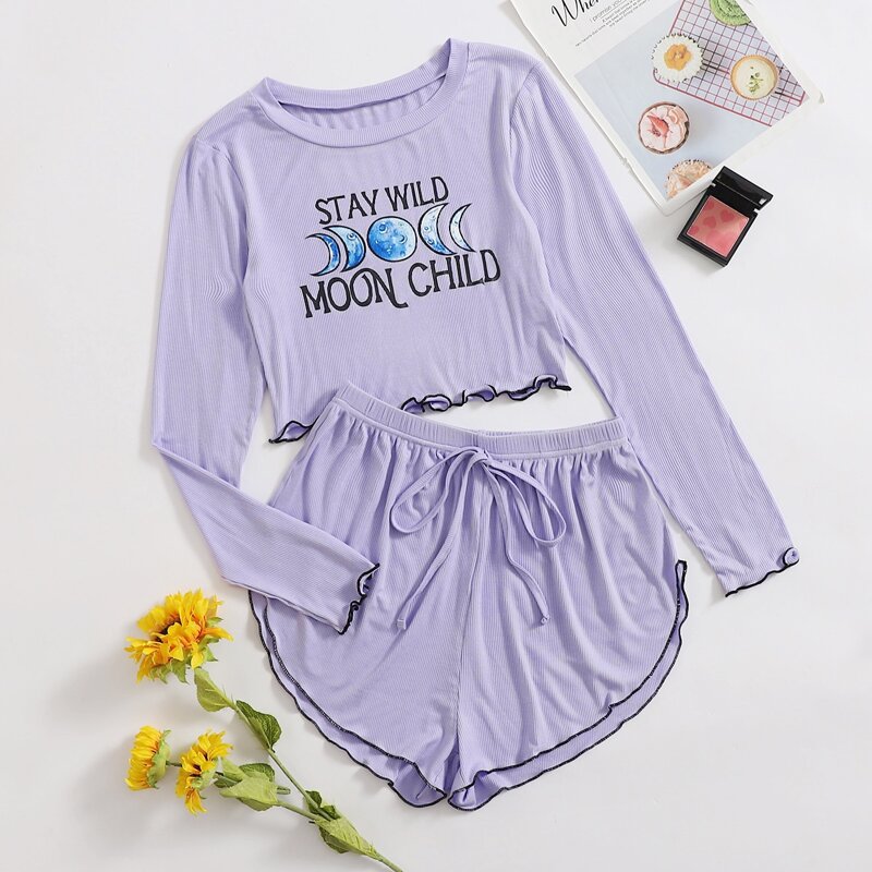 

Slogan Graphic Lettuce Trim PJ Set, Purple