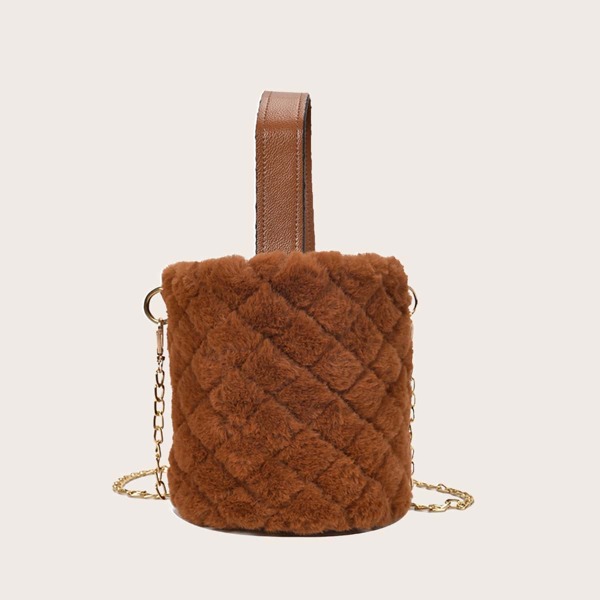 

Quilted Chain Fluffy Bucket Bag, Brown
