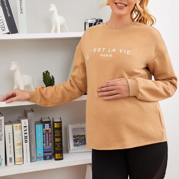 

Maternity Drop Shoulder Slogan Graphic Pullover, Apricot