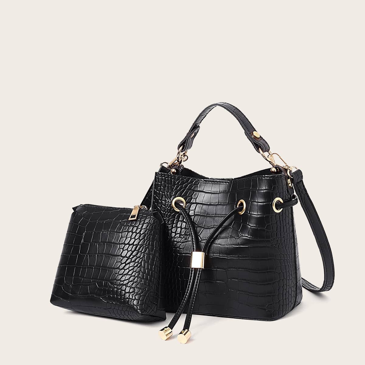 

Drawstring Decor Croc Embossed Satchel Bag With Inner Pouch, Black