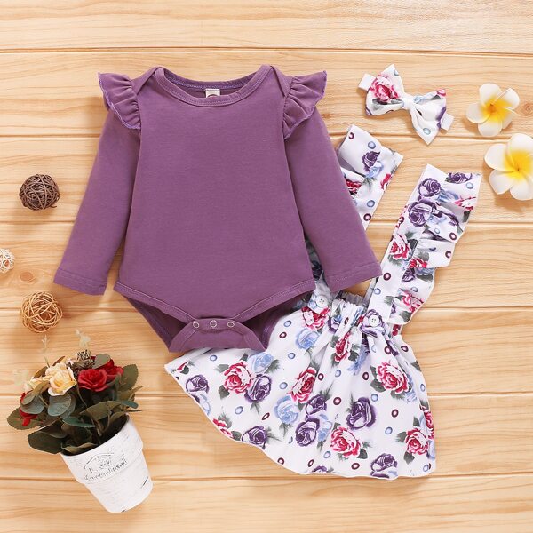 

Baby Girl Ruffle Trim Bodysuit & Floral Suspender Skirt & Headband, Multicolor