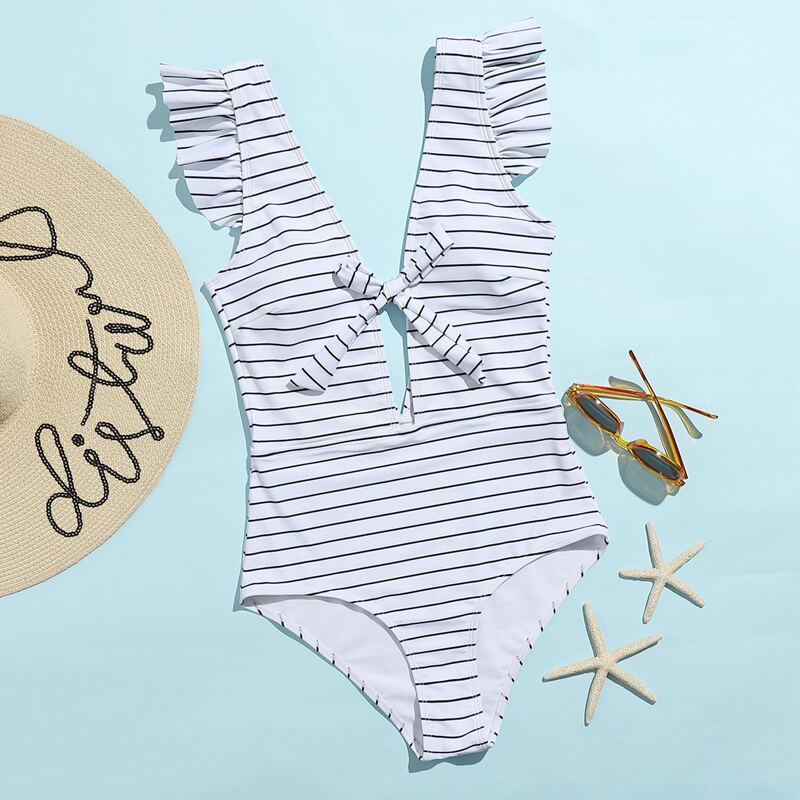 

Stripe Ruffle Trim Plunging One Piece Swimsuit, Black and white