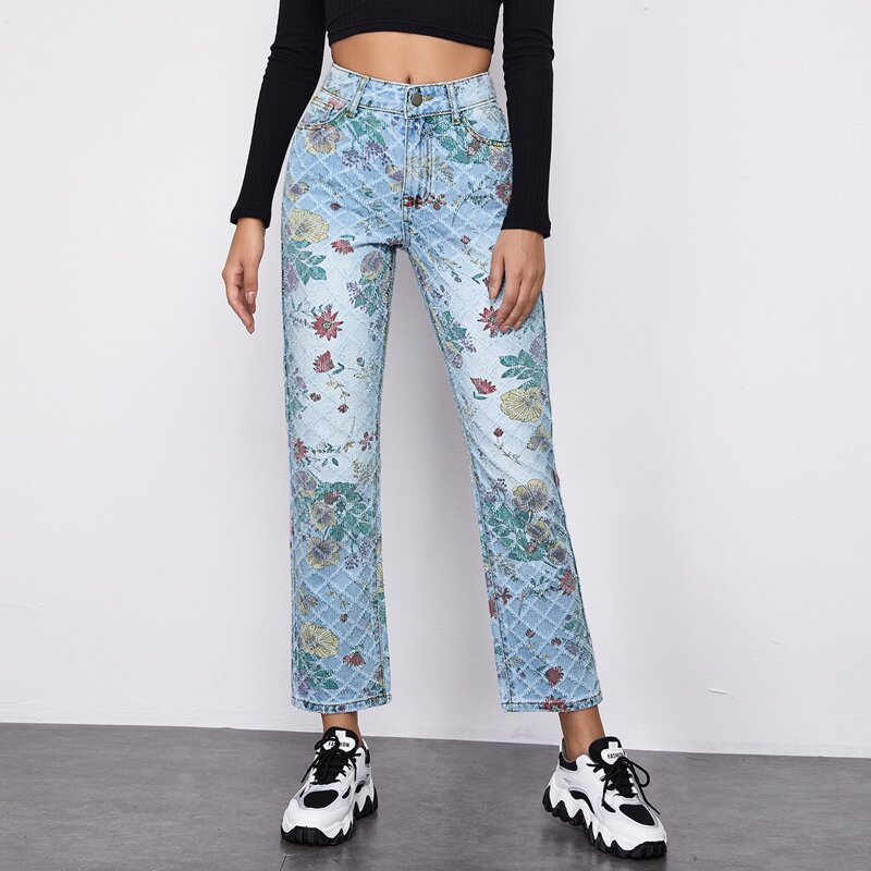 

Bleach Wash Floral Jacquard Mom Jeans, Multicolor