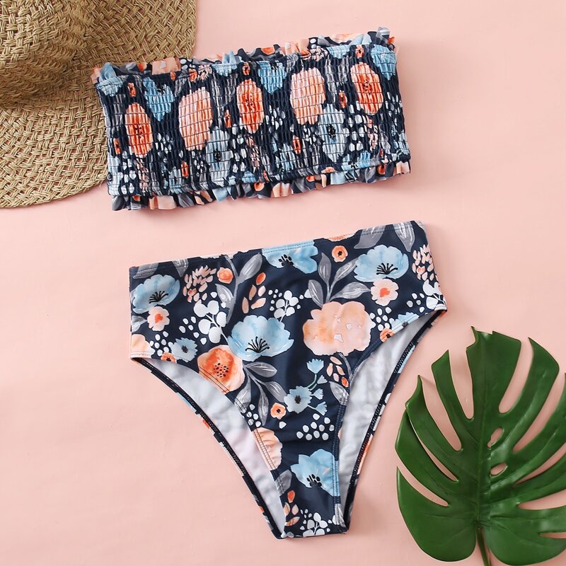 

Floral Smocked High Waist Bikini Swimsuit, Multicolor