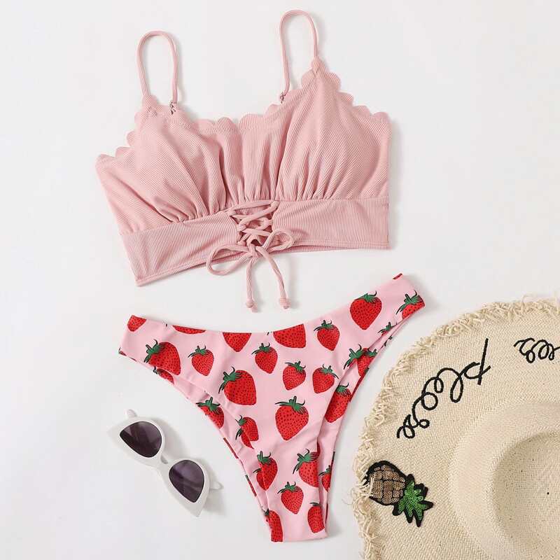 

Strawberry Print Scallop Lace-up Bikini Swimsuit, Multicolor