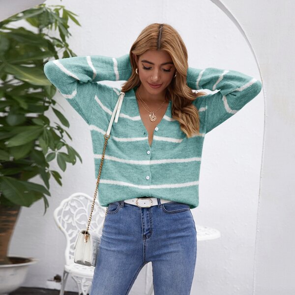 

Button Front Drop Shoulder Striped Cardigan, Mint green