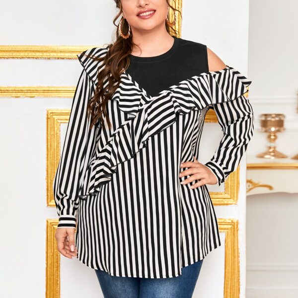 

Plus Striped Ruffle Trim 2 In 1 Blouse, Black and white