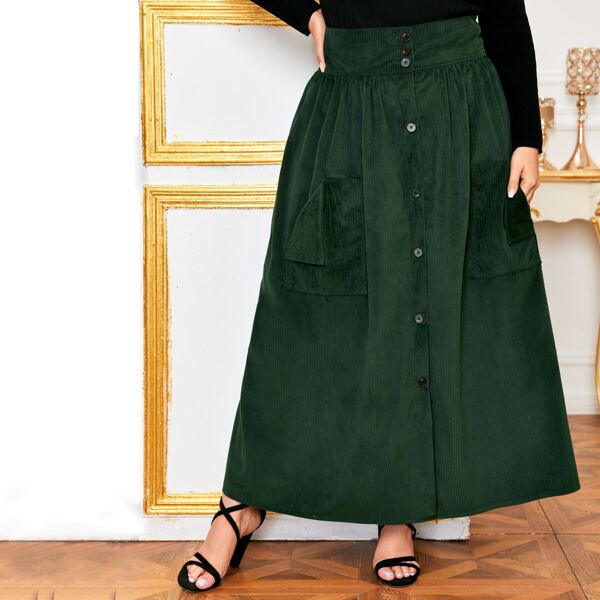 

Plus Solid Button Through Corduroy Skirt, Dark green