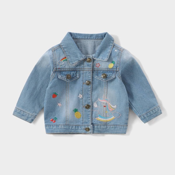 

Toddler Girls Cartoon And Fruit Embroidery Denim Jacket, Light wash