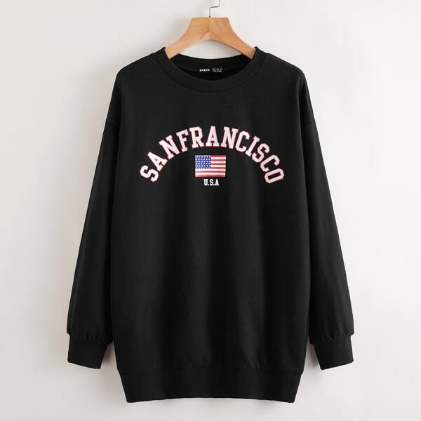 

Letter and American Flag Print Drop Shoulder Longline Pullover, Black