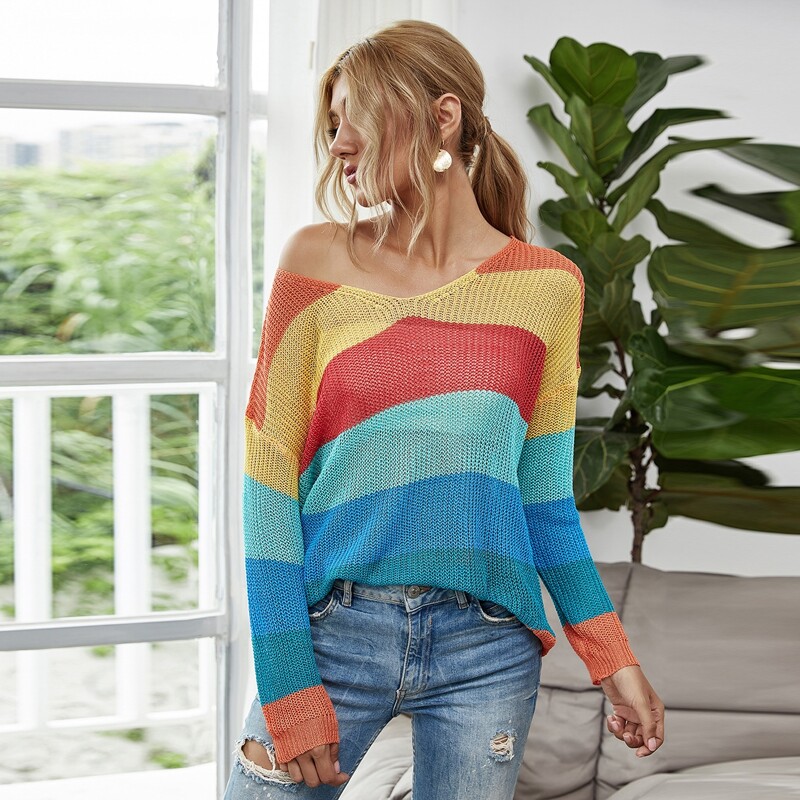 

Rainbow Stripe Drop Shoulder Slouchy Sweater, Multicolor