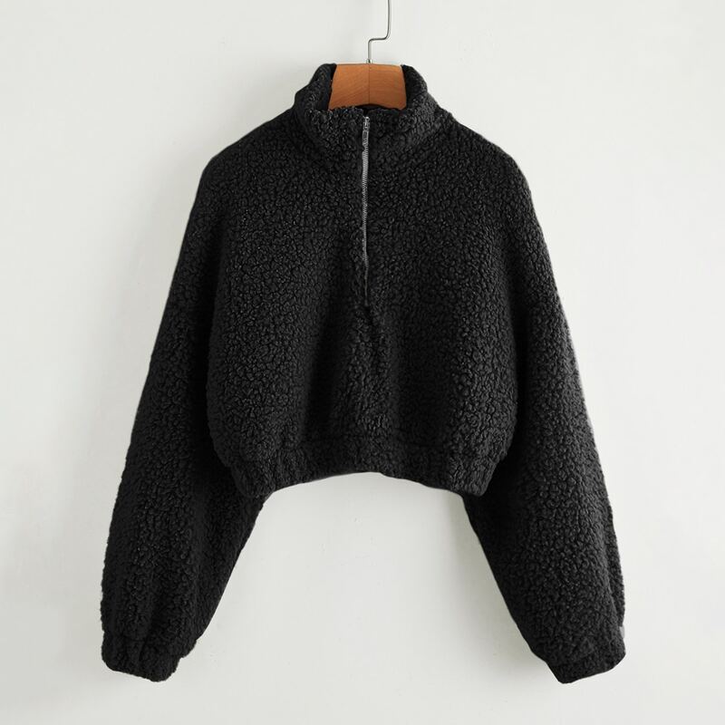 

Drop Shoulder Zip Half Placket Teddy Sweatshirt, Black