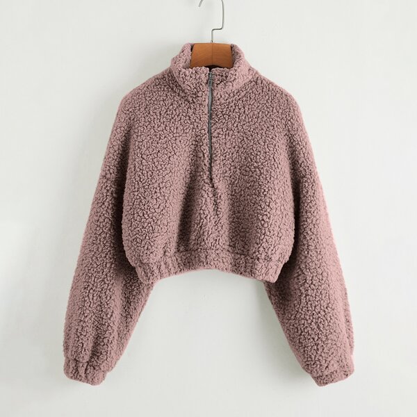 

Drop Shoulder Zip Half Placket Teddy Sweatshirt, Mauve purple