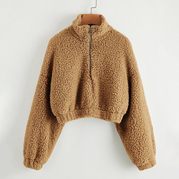 

Drop Shoulder Zip Half Placket Teddy Sweatshirt, Camel