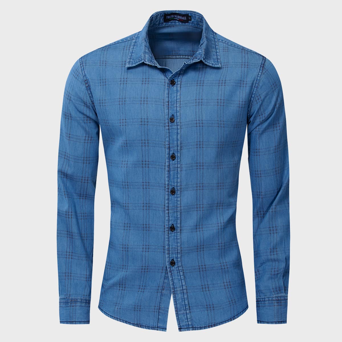 

Guys Plaid Print Button Front Denim Shirt, Medium wash